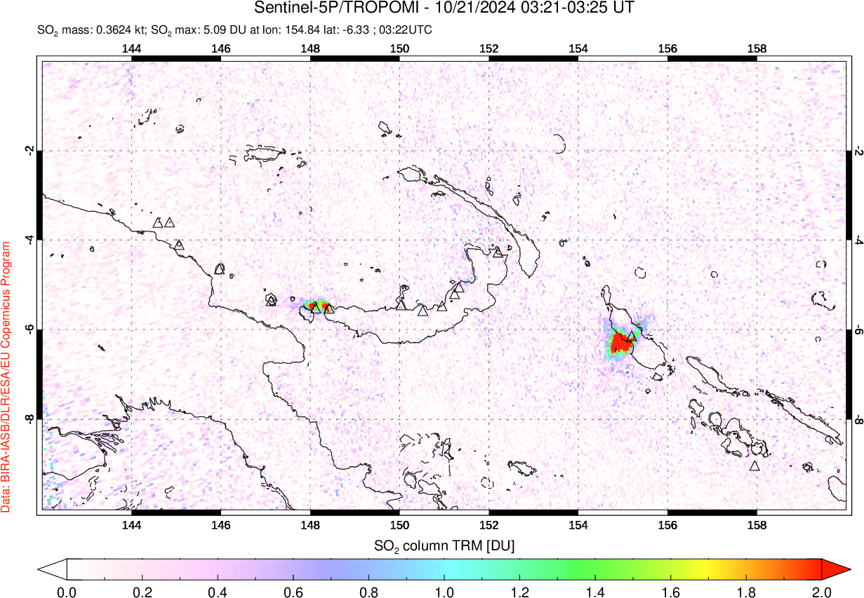 A sulfur dioxide image over Papua, New Guinea on Oct 21, 2024.