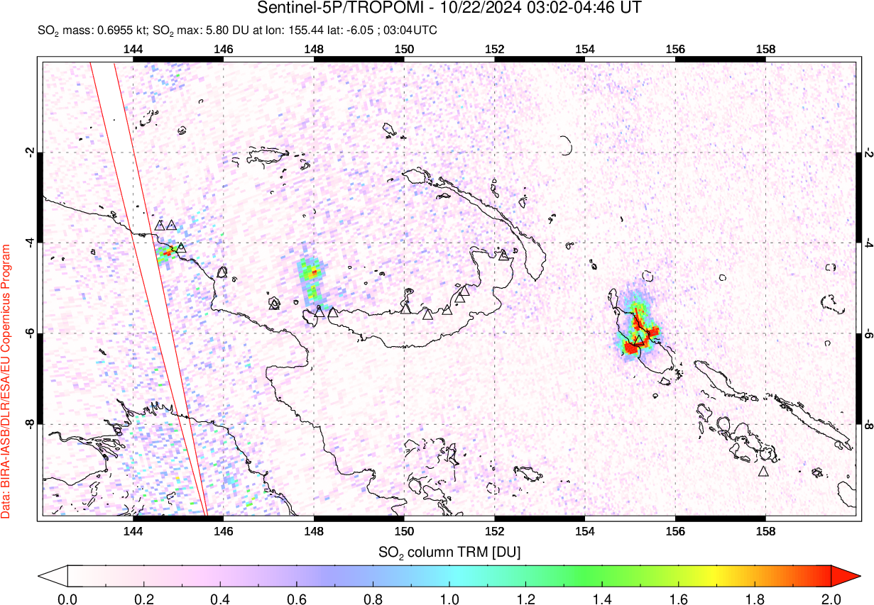 A sulfur dioxide image over Papua, New Guinea on Oct 22, 2024.