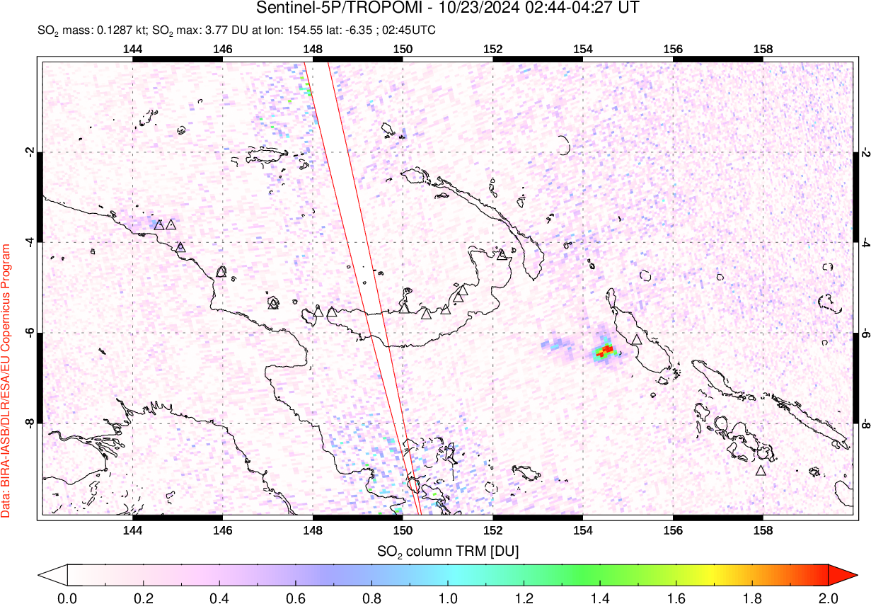 A sulfur dioxide image over Papua, New Guinea on Oct 23, 2024.