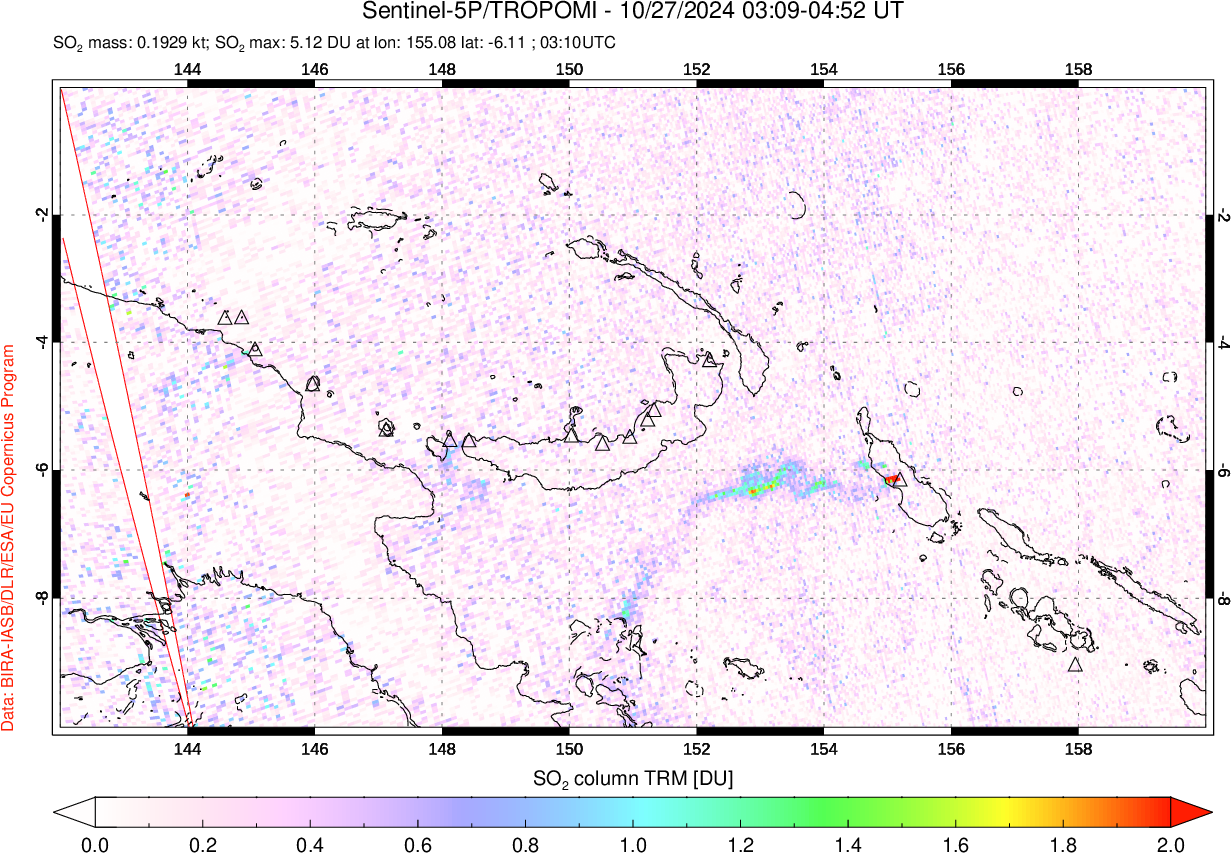 A sulfur dioxide image over Papua, New Guinea on Oct 27, 2024.