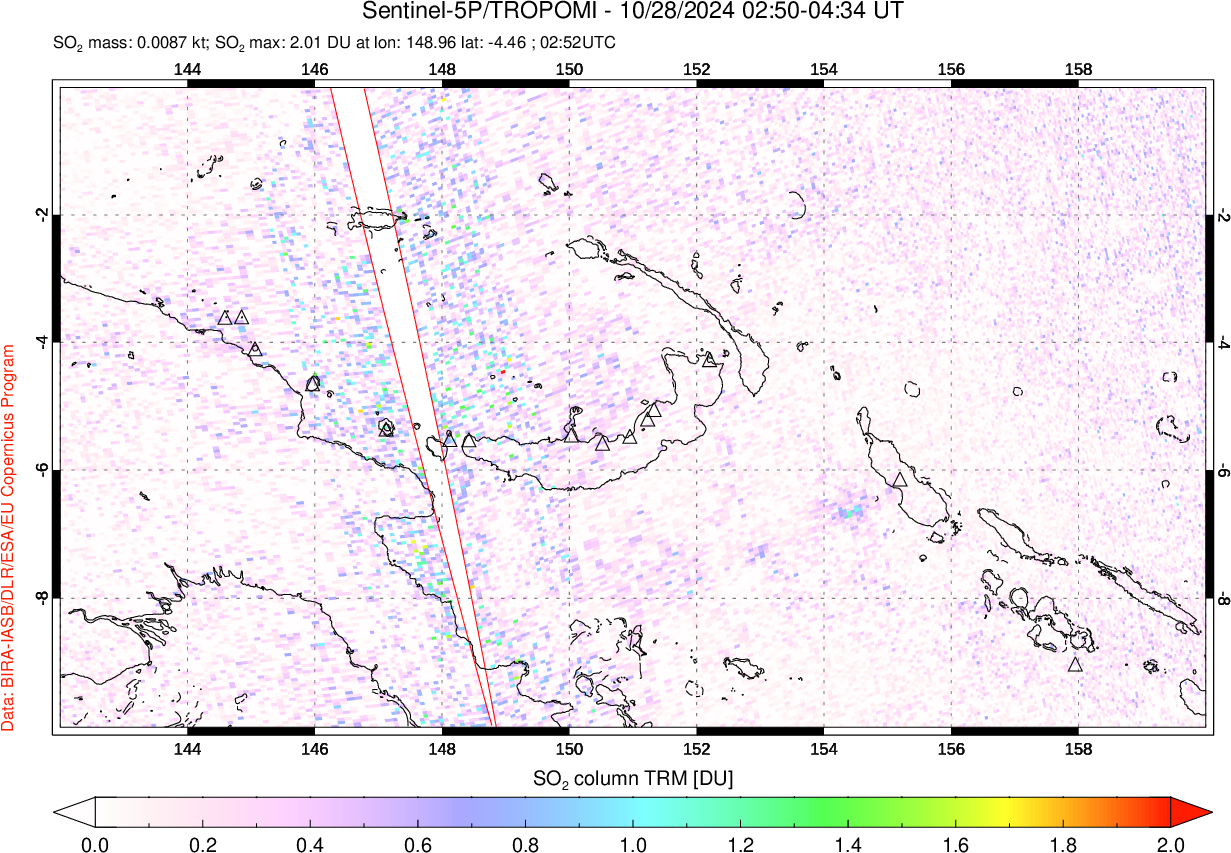 A sulfur dioxide image over Papua, New Guinea on Oct 28, 2024.