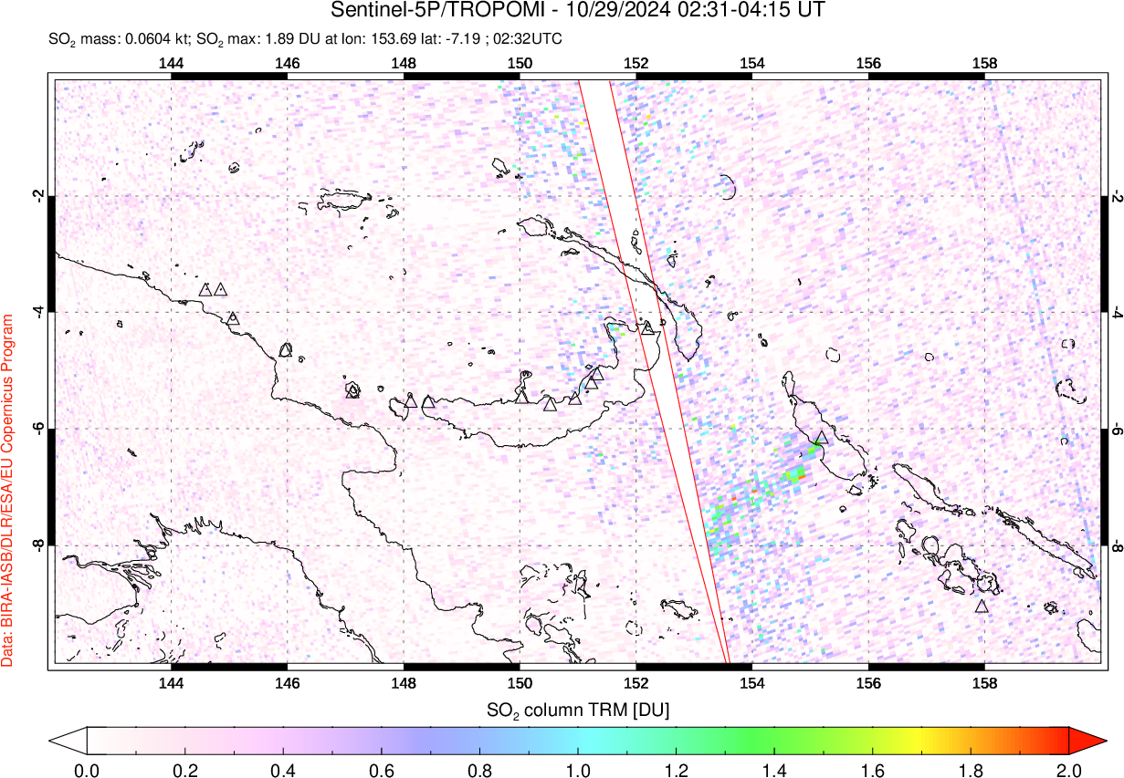 A sulfur dioxide image over Papua, New Guinea on Oct 29, 2024.