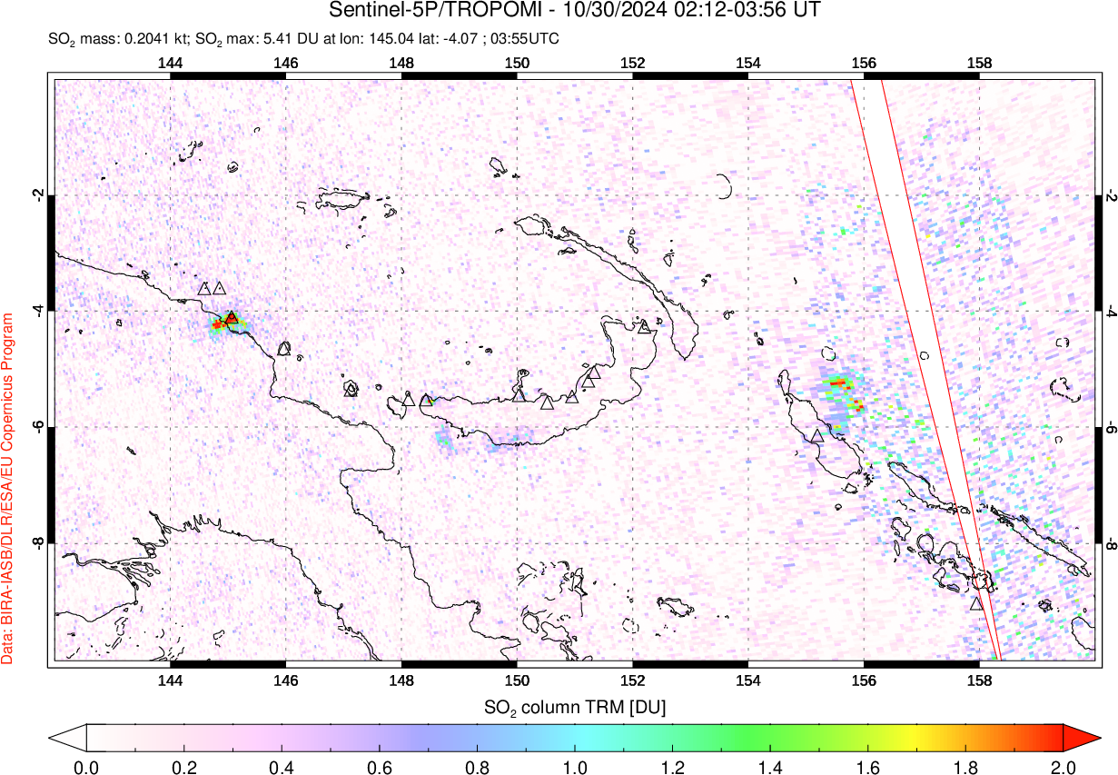 A sulfur dioxide image over Papua, New Guinea on Oct 30, 2024.