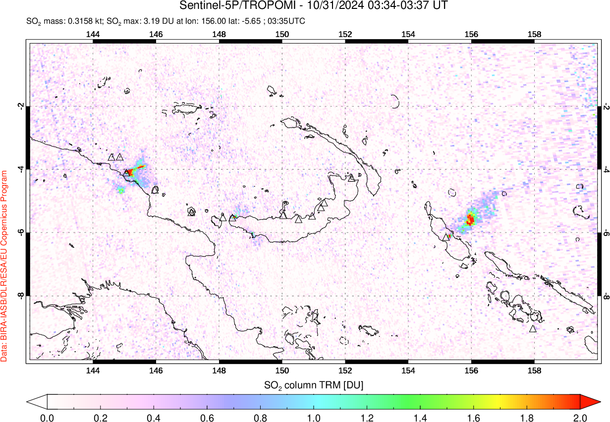 A sulfur dioxide image over Papua, New Guinea on Oct 31, 2024.