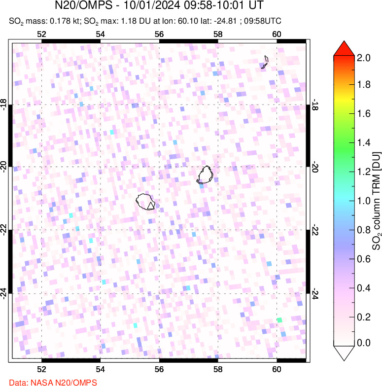 A sulfur dioxide image over Reunion Island, Indian Ocean on Oct 01, 2024.