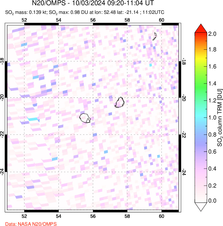 A sulfur dioxide image over Reunion Island, Indian Ocean on Oct 03, 2024.