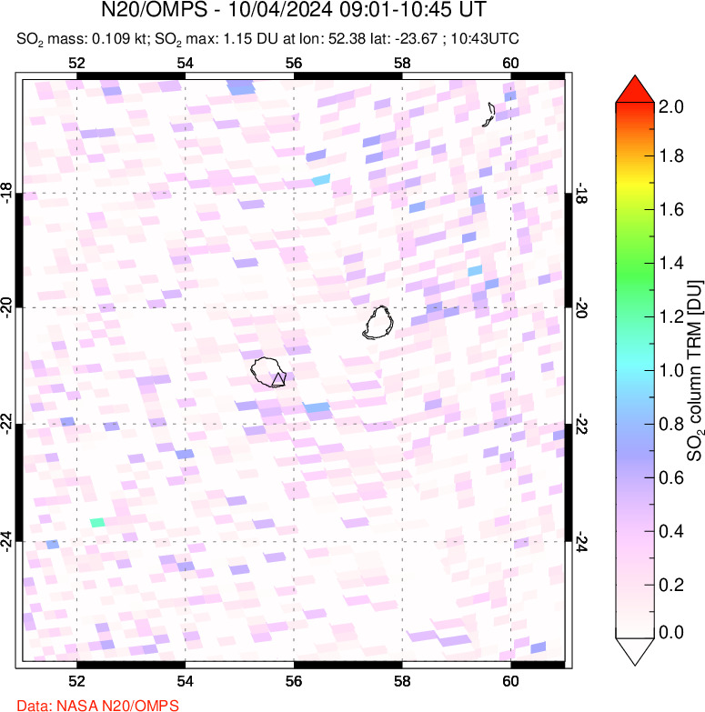 A sulfur dioxide image over Reunion Island, Indian Ocean on Oct 04, 2024.