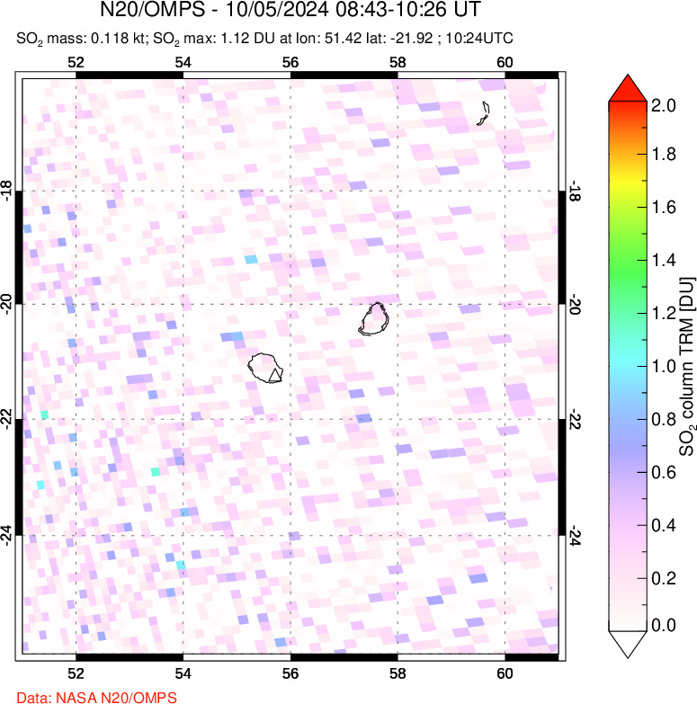 A sulfur dioxide image over Reunion Island, Indian Ocean on Oct 05, 2024.