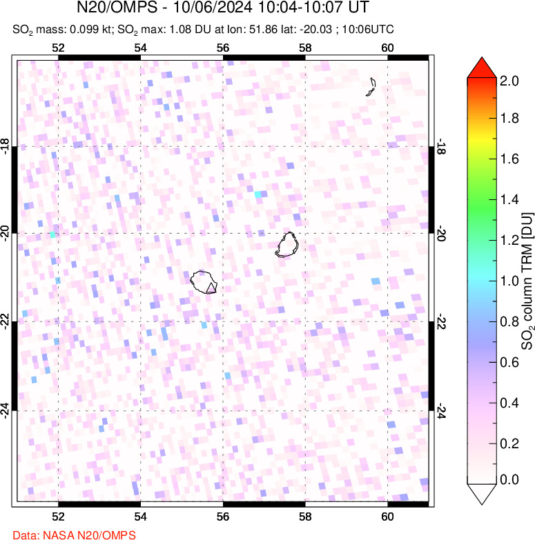 A sulfur dioxide image over Reunion Island, Indian Ocean on Oct 06, 2024.