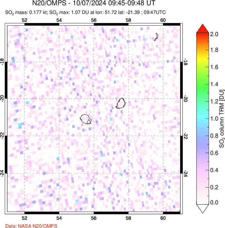 A sulfur dioxide image over Reunion Island, Indian Ocean on Oct 07, 2024.