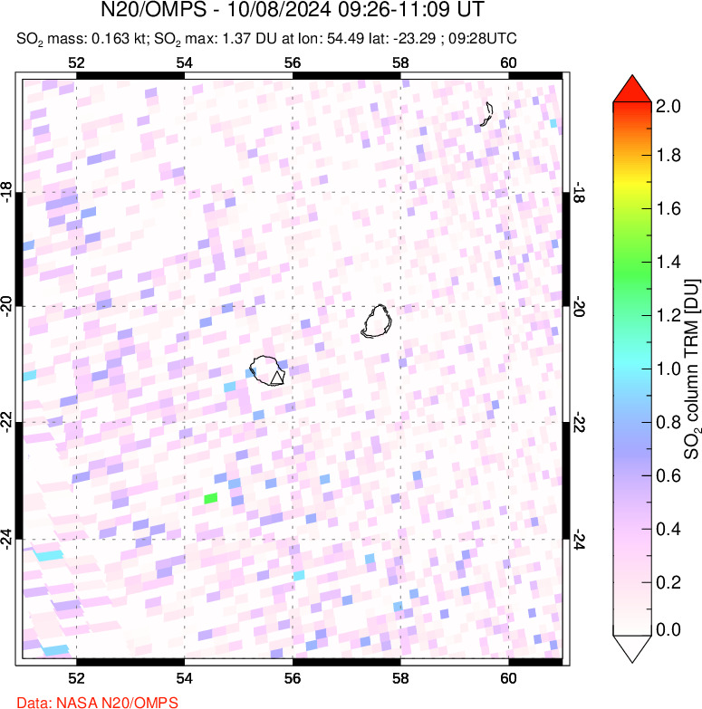 A sulfur dioxide image over Reunion Island, Indian Ocean on Oct 08, 2024.