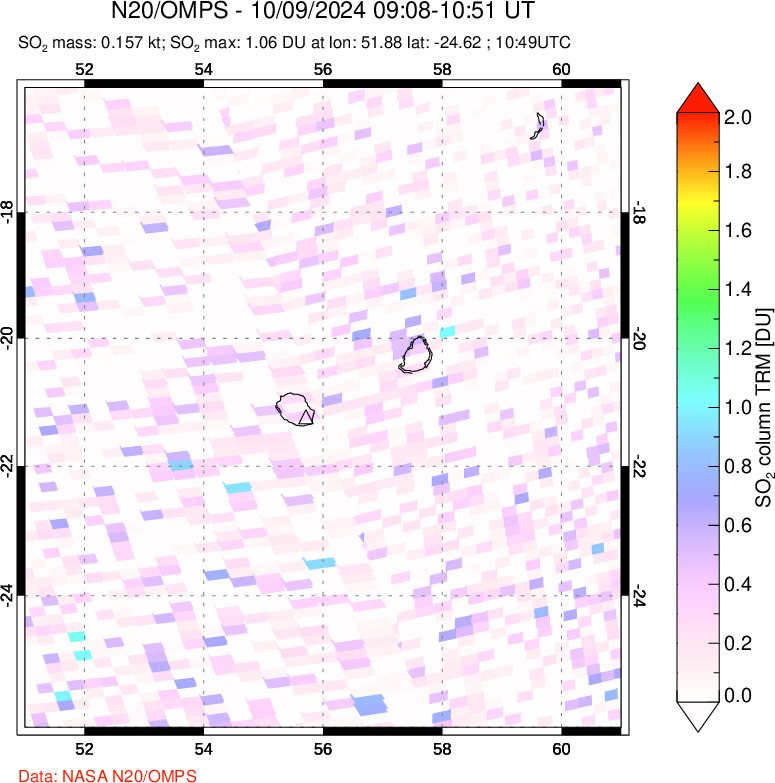 A sulfur dioxide image over Reunion Island, Indian Ocean on Oct 09, 2024.