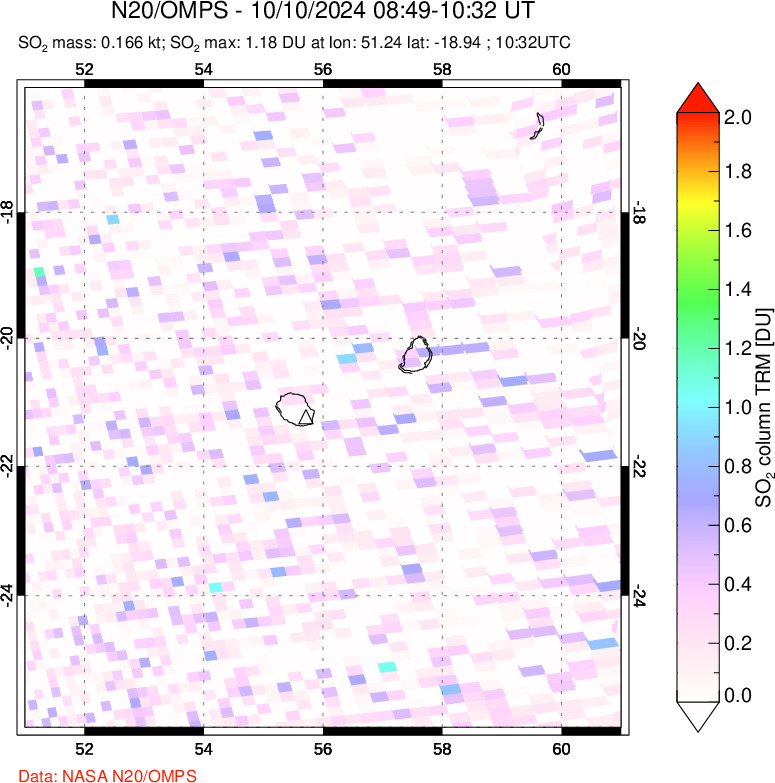 A sulfur dioxide image over Reunion Island, Indian Ocean on Oct 10, 2024.