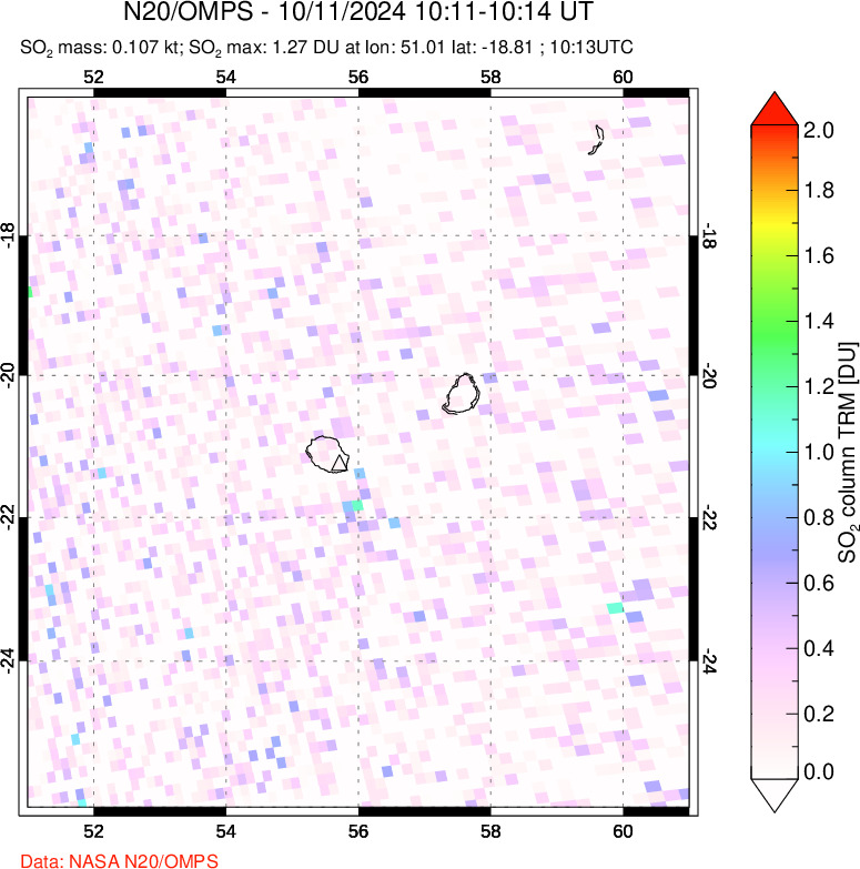 A sulfur dioxide image over Reunion Island, Indian Ocean on Oct 11, 2024.