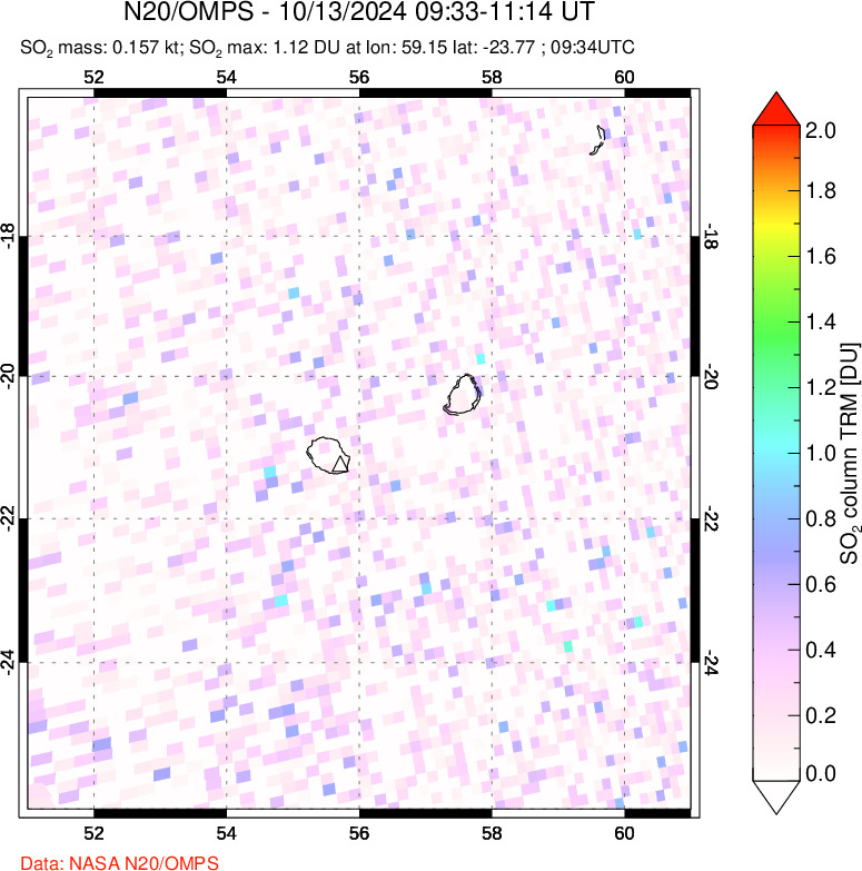 A sulfur dioxide image over Reunion Island, Indian Ocean on Oct 13, 2024.