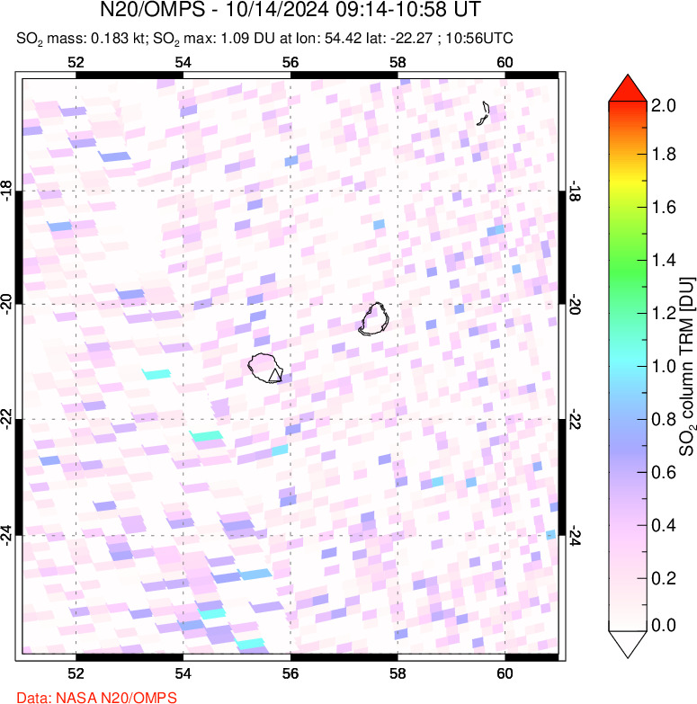 A sulfur dioxide image over Reunion Island, Indian Ocean on Oct 14, 2024.