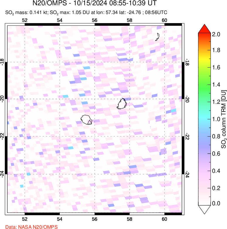 A sulfur dioxide image over Reunion Island, Indian Ocean on Oct 15, 2024.