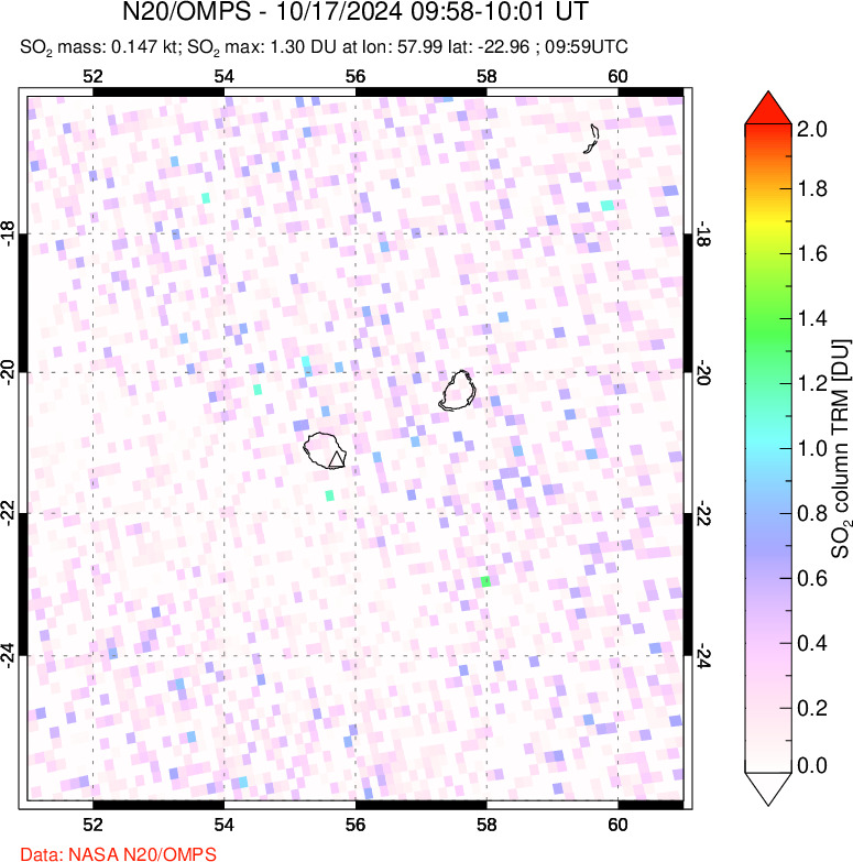 A sulfur dioxide image over Reunion Island, Indian Ocean on Oct 17, 2024.