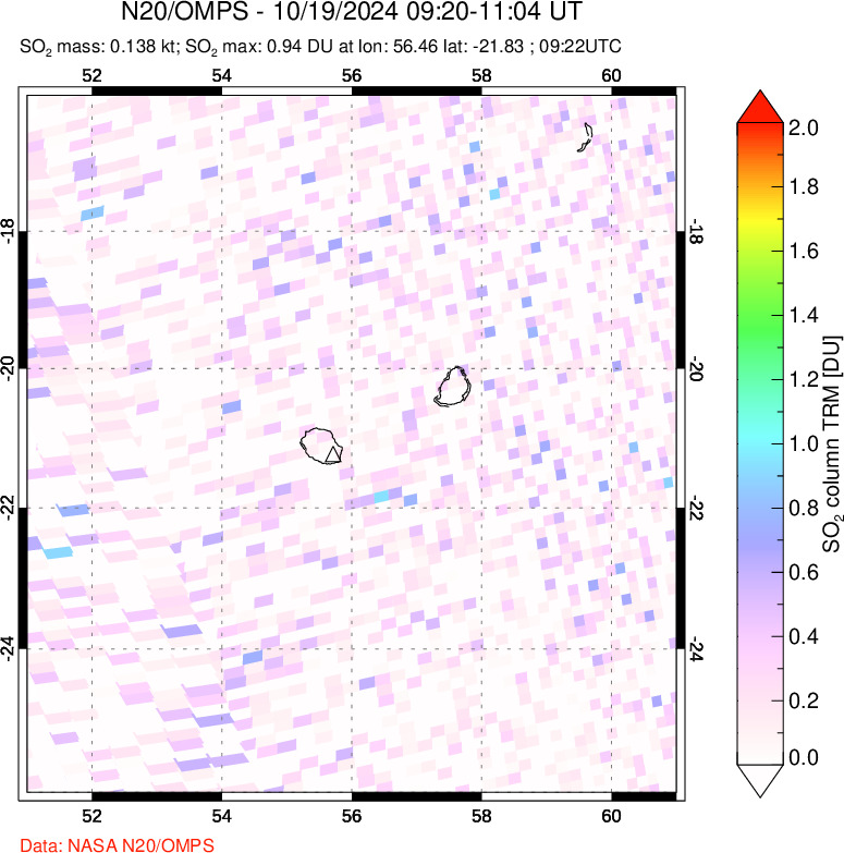 A sulfur dioxide image over Reunion Island, Indian Ocean on Oct 19, 2024.