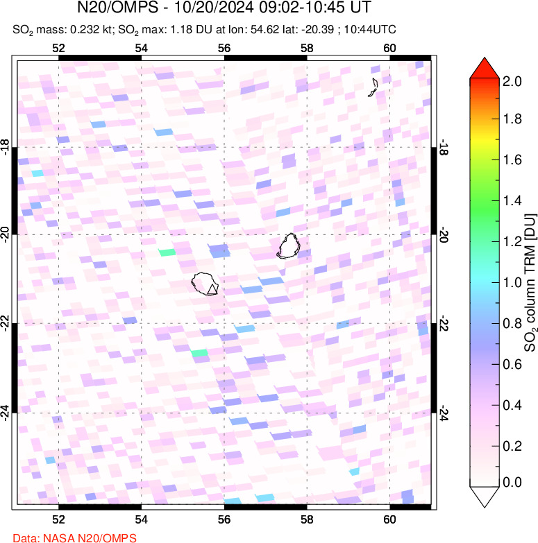 A sulfur dioxide image over Reunion Island, Indian Ocean on Oct 20, 2024.