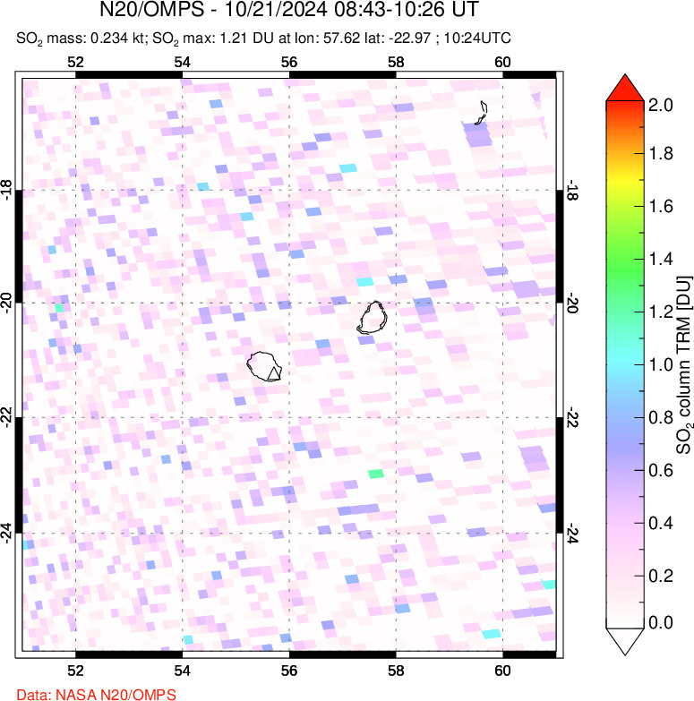 A sulfur dioxide image over Reunion Island, Indian Ocean on Oct 21, 2024.