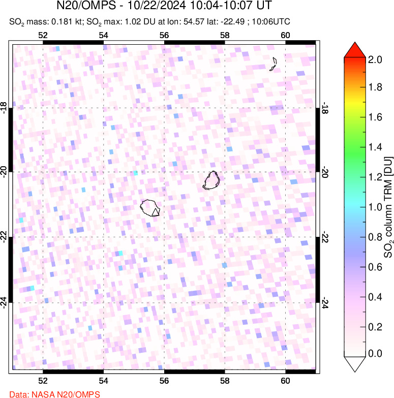 A sulfur dioxide image over Reunion Island, Indian Ocean on Oct 22, 2024.