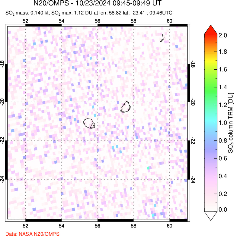 A sulfur dioxide image over Reunion Island, Indian Ocean on Oct 23, 2024.