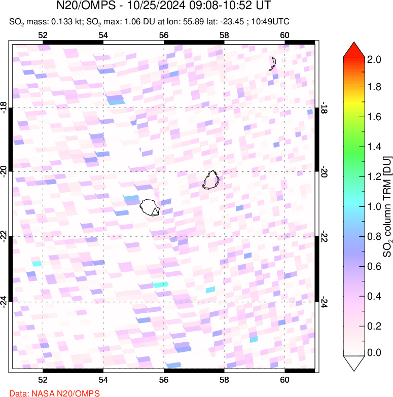 A sulfur dioxide image over Reunion Island, Indian Ocean on Oct 25, 2024.