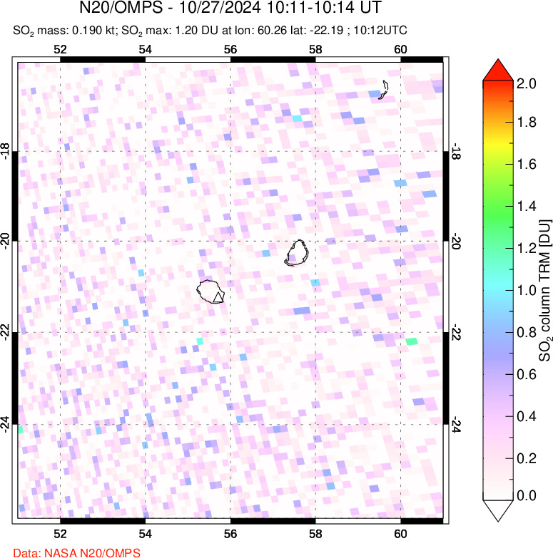 A sulfur dioxide image over Reunion Island, Indian Ocean on Oct 27, 2024.