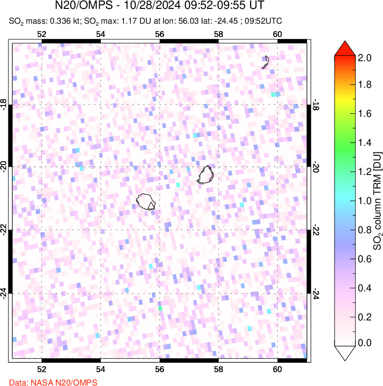 A sulfur dioxide image over Reunion Island, Indian Ocean on Oct 28, 2024.