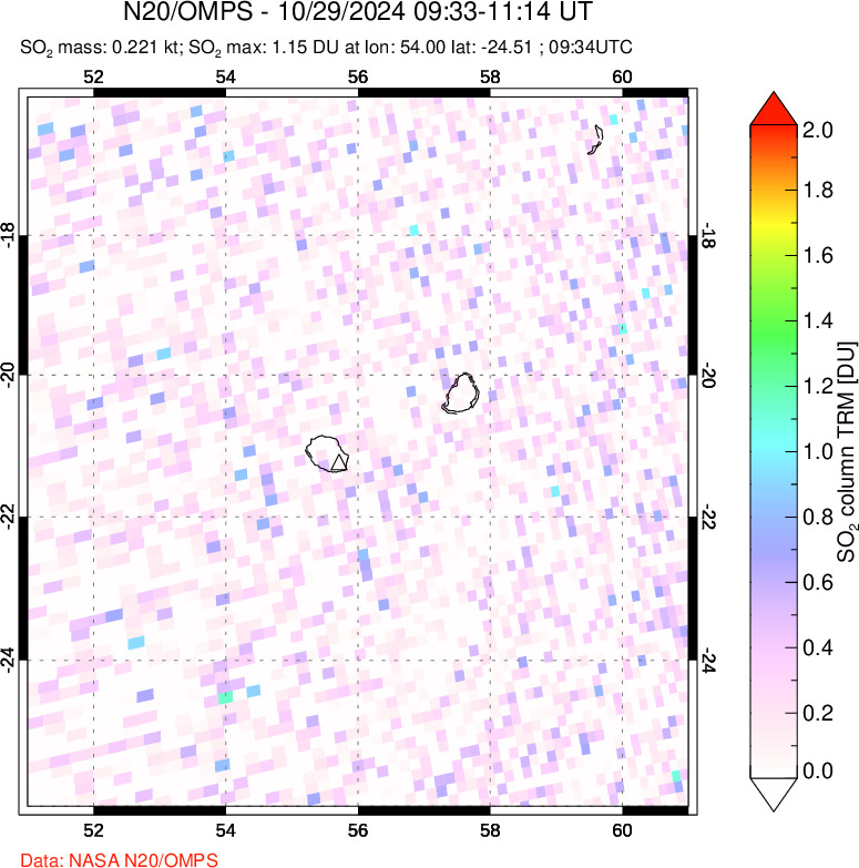 A sulfur dioxide image over Reunion Island, Indian Ocean on Oct 29, 2024.