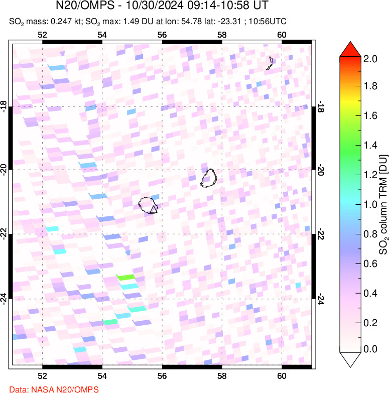 A sulfur dioxide image over Reunion Island, Indian Ocean on Oct 30, 2024.