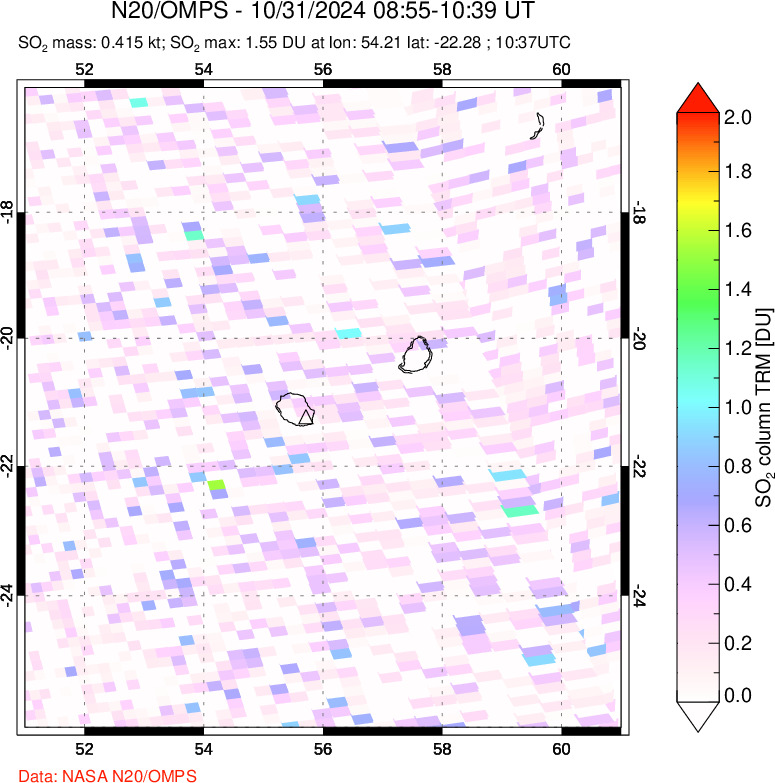 A sulfur dioxide image over Reunion Island, Indian Ocean on Oct 31, 2024.