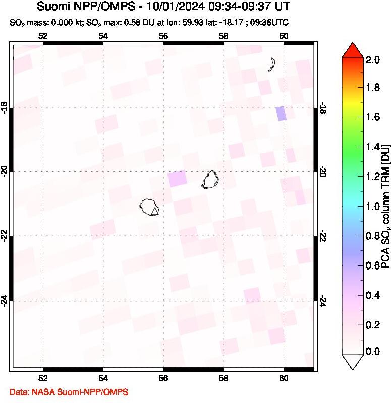 A sulfur dioxide image over Reunion Island, Indian Ocean on Oct 01, 2024.