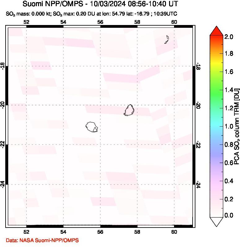 A sulfur dioxide image over Reunion Island, Indian Ocean on Oct 03, 2024.