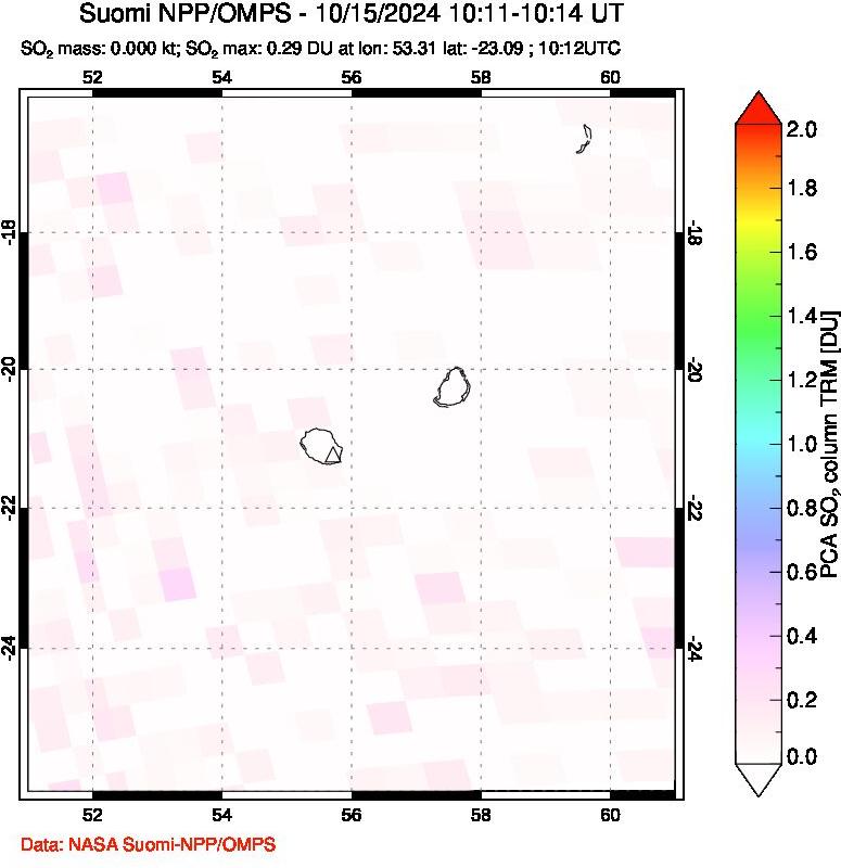 A sulfur dioxide image over Reunion Island, Indian Ocean on Oct 15, 2024.