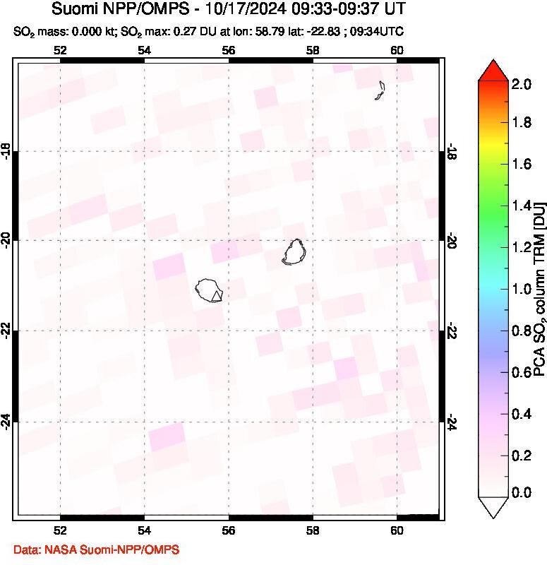 A sulfur dioxide image over Reunion Island, Indian Ocean on Oct 17, 2024.