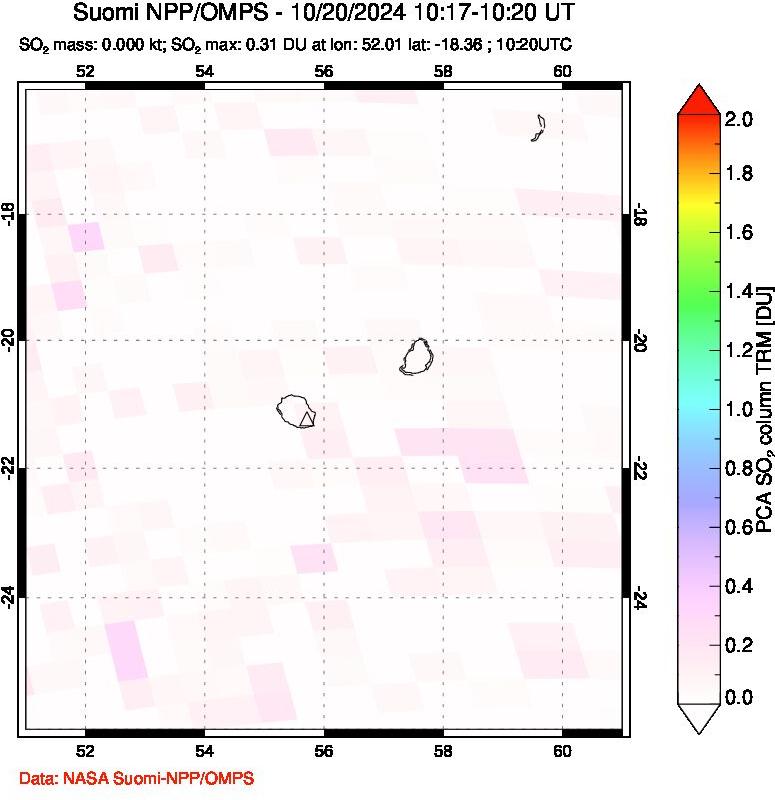 A sulfur dioxide image over Reunion Island, Indian Ocean on Oct 20, 2024.