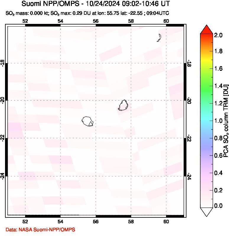 A sulfur dioxide image over Reunion Island, Indian Ocean on Oct 24, 2024.