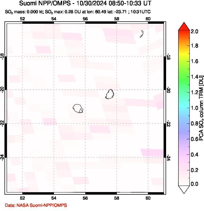 A sulfur dioxide image over Reunion Island, Indian Ocean on Oct 30, 2024.