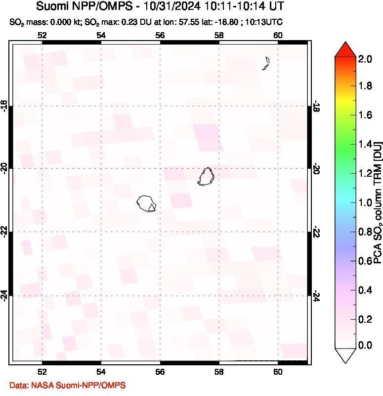 A sulfur dioxide image over Reunion Island, Indian Ocean on Oct 31, 2024.