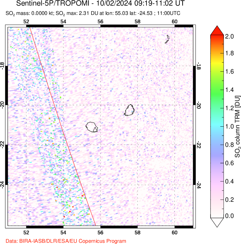 A sulfur dioxide image over Reunion Island, Indian Ocean on Oct 02, 2024.