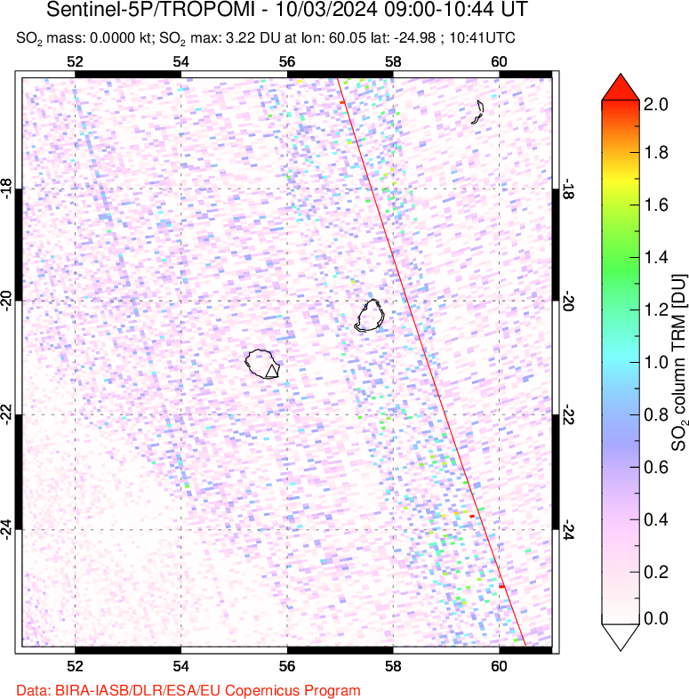 A sulfur dioxide image over Reunion Island, Indian Ocean on Oct 03, 2024.