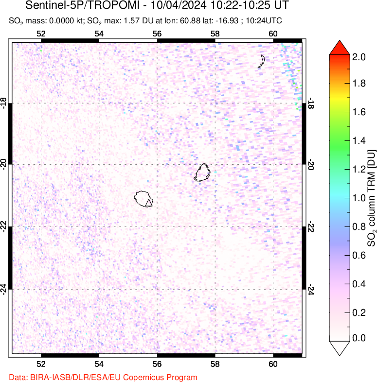 A sulfur dioxide image over Reunion Island, Indian Ocean on Oct 04, 2024.