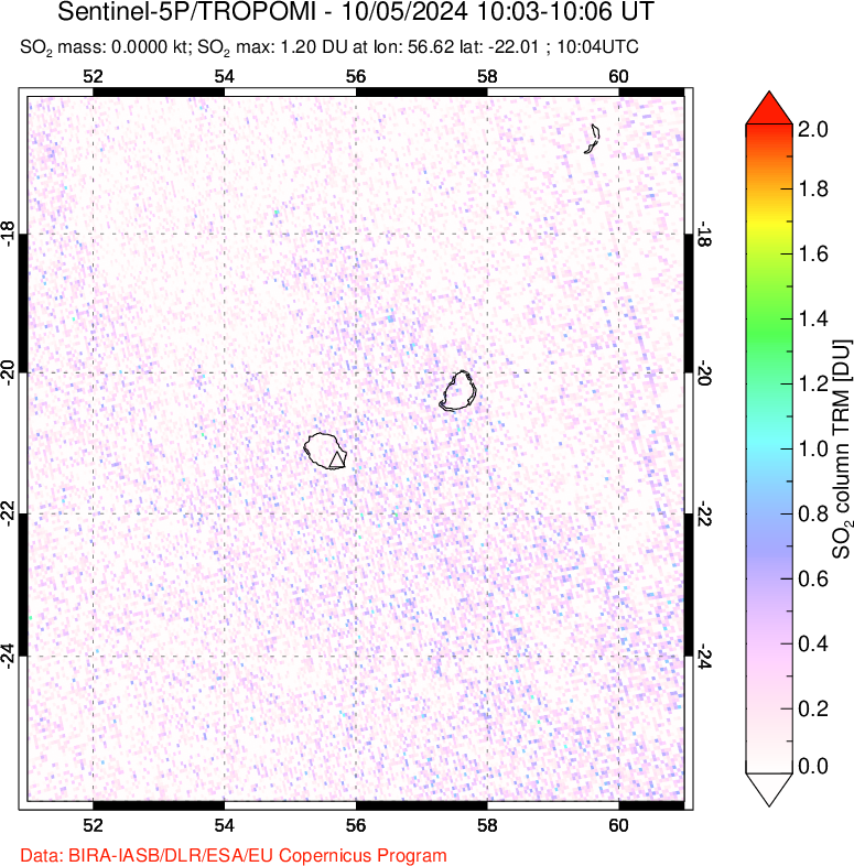 A sulfur dioxide image over Reunion Island, Indian Ocean on Oct 05, 2024.