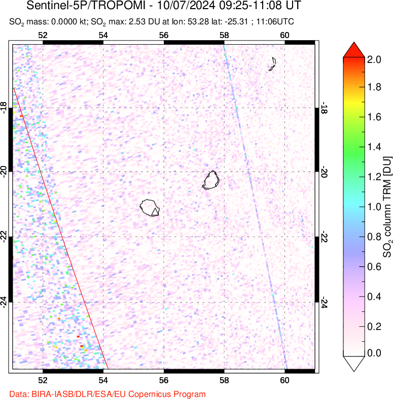 A sulfur dioxide image over Reunion Island, Indian Ocean on Oct 07, 2024.