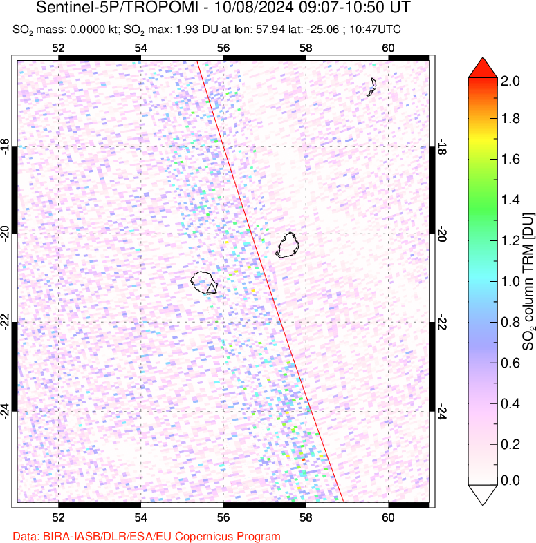 A sulfur dioxide image over Reunion Island, Indian Ocean on Oct 08, 2024.