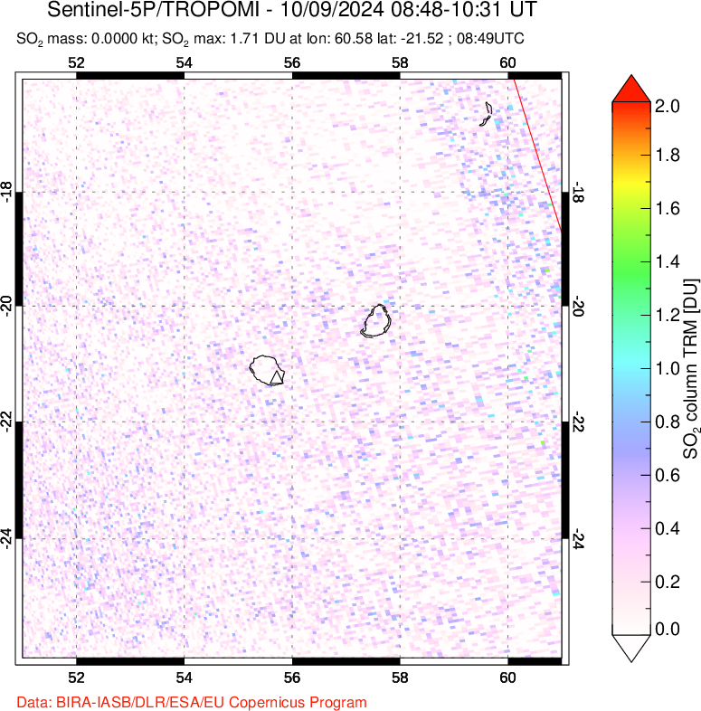 A sulfur dioxide image over Reunion Island, Indian Ocean on Oct 09, 2024.