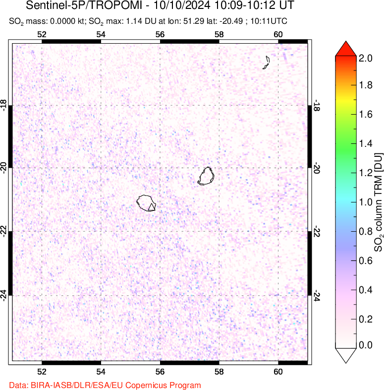 A sulfur dioxide image over Reunion Island, Indian Ocean on Oct 10, 2024.