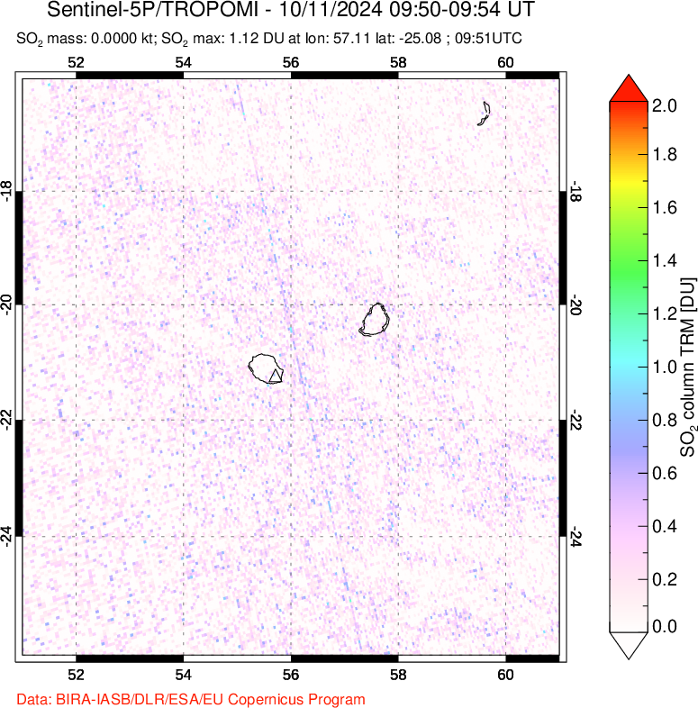 A sulfur dioxide image over Reunion Island, Indian Ocean on Oct 11, 2024.